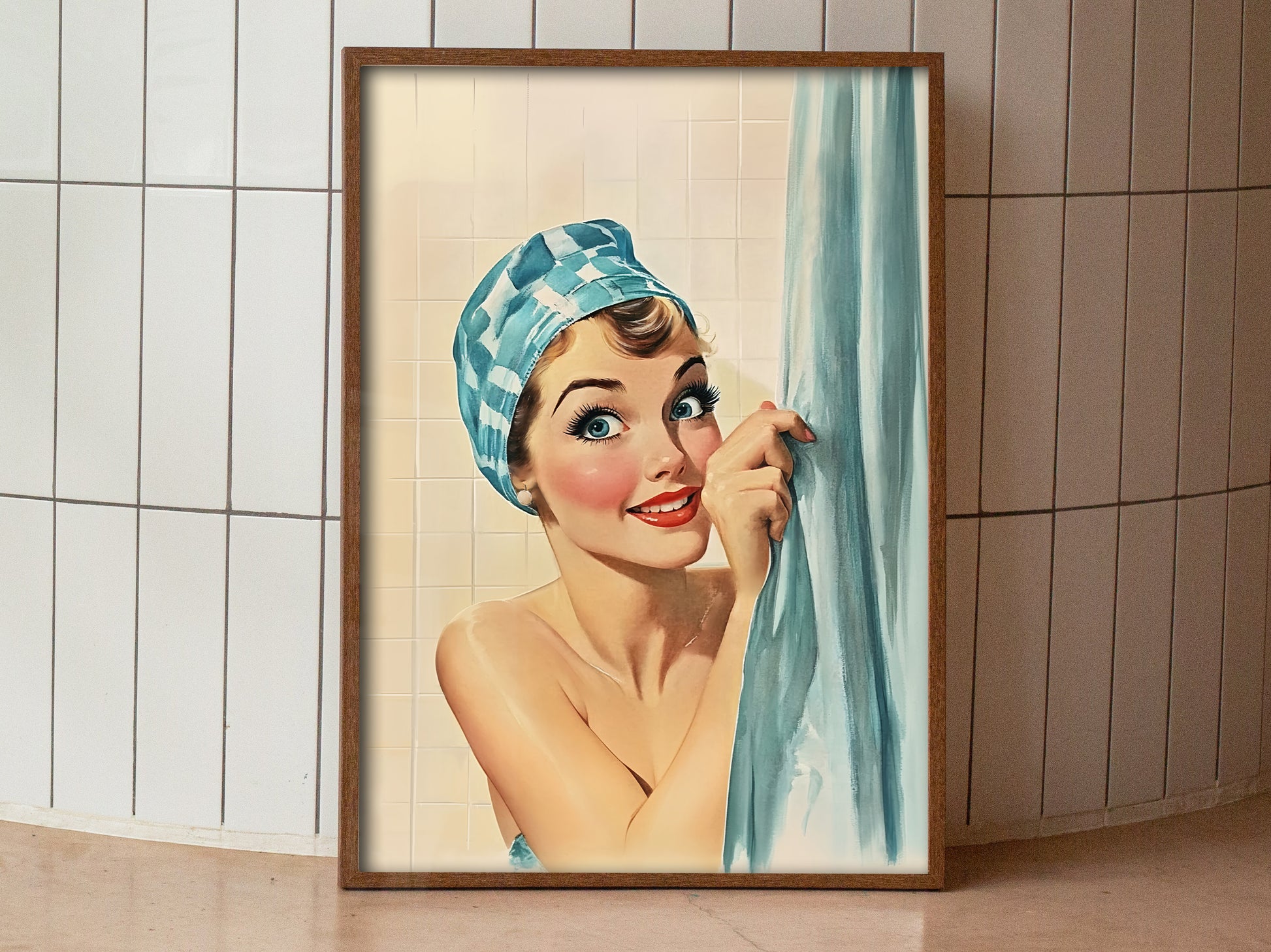Funny Shower Room Wall Print Blue Toilet Poster Funny Bathroom Poster Bathroom Wall Art 50s 60s Bath Time Print Retro Housewife in a shower cap taking a shower and hiding behind a curtain