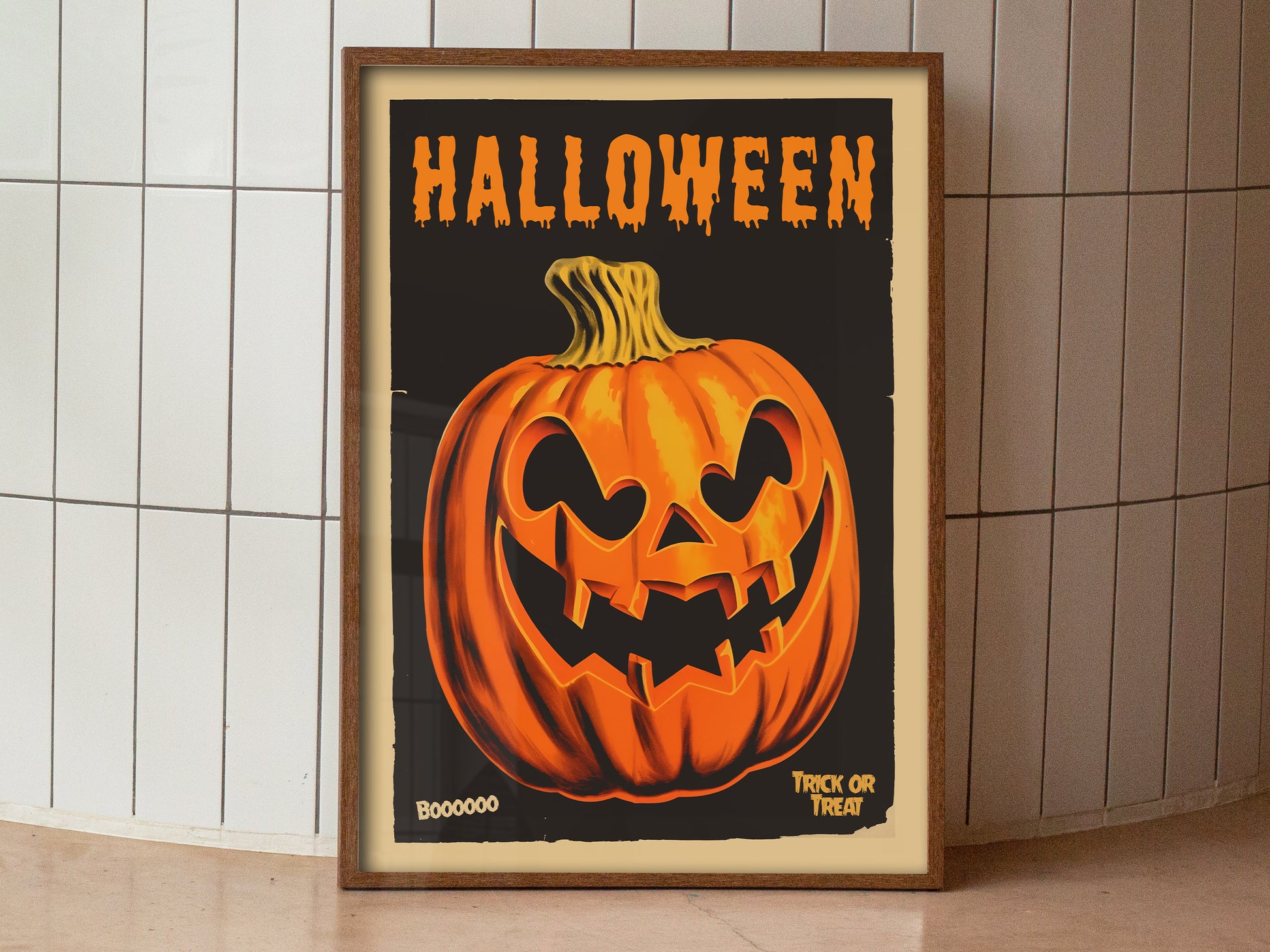 Retro Halloween Poster Pumpkin Wall Art Trick or Treat Poster Spooky Season Print Vintage Black Halloween Decor Holiday Season Art Boo Poster