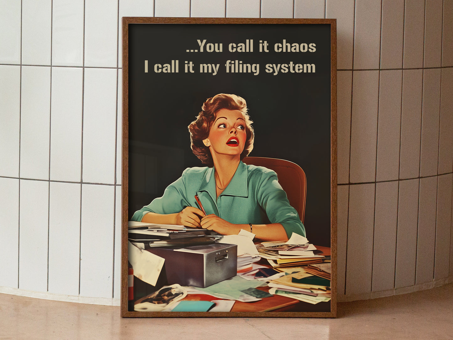 Retro Woman Poster Funny Office Wall Art Trendy Housewife Wall Art Sarcastic Quote Vertical Poster Funny Work Poster Work From Home Art "You call if chaos I call it my filing system"