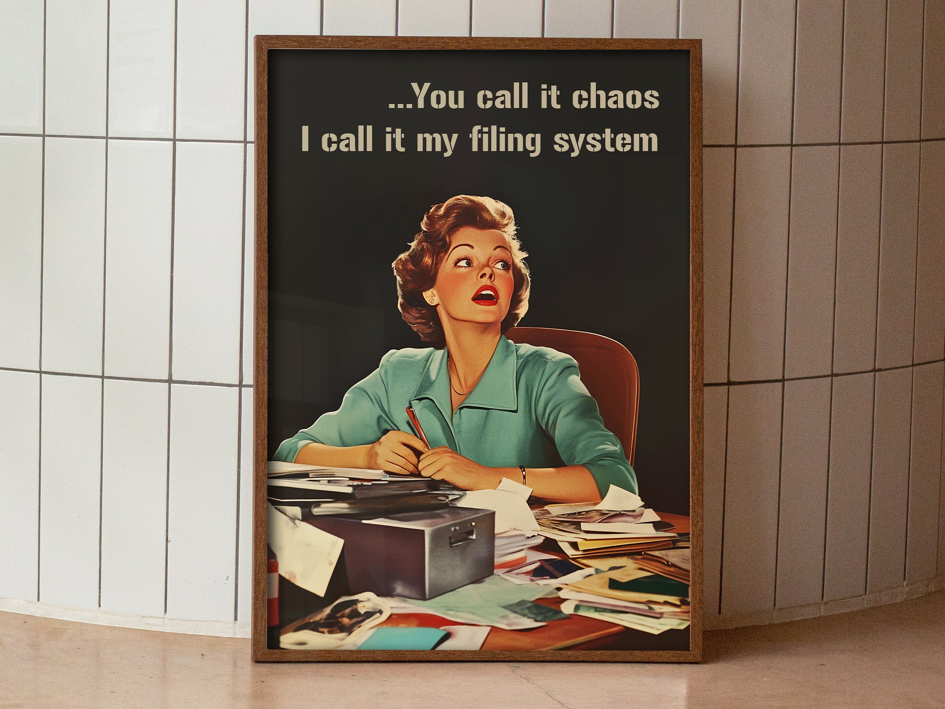 Retro Woman Poster Funny Office Wall Art Trendy Housewife Wall Art Sarcastic Quote Vertical Poster Funny Work Poster Work From Home Art "You call if chaos I call it my filing system"