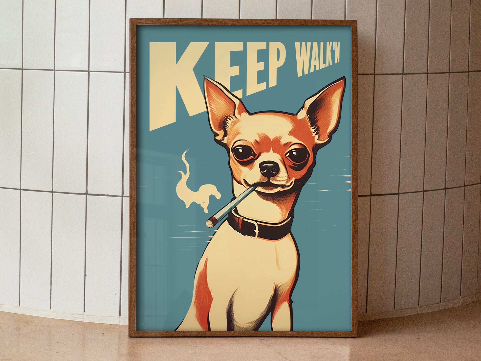 Keep Walking Poster Smoking Chihuahua Wall Art Smoking Dog Poster Retro Funny Poster Cool Dog Gift Bathroom Wall Art Vintage Entryway Poster Be aware of the dog poster  Vintage vibe Poster from AnnoyingSeagull 