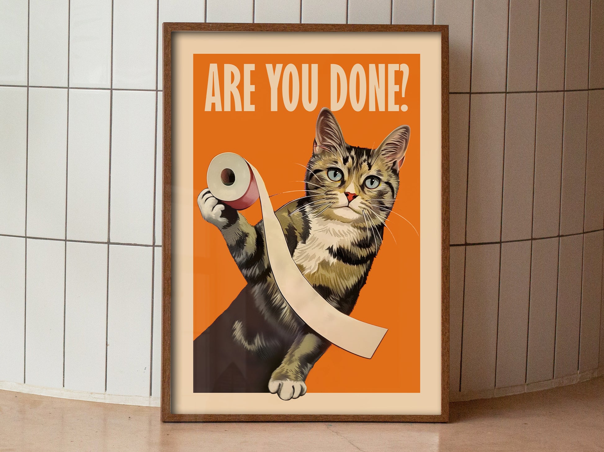 Are You Done Poster Bathroom Wall Art Funny Print Tabby Cat Toilet Art Pooping Print Kid's Bathroom Decor Restroom Wall Art Take a seat sweet cheeks cat playing with toilet paper