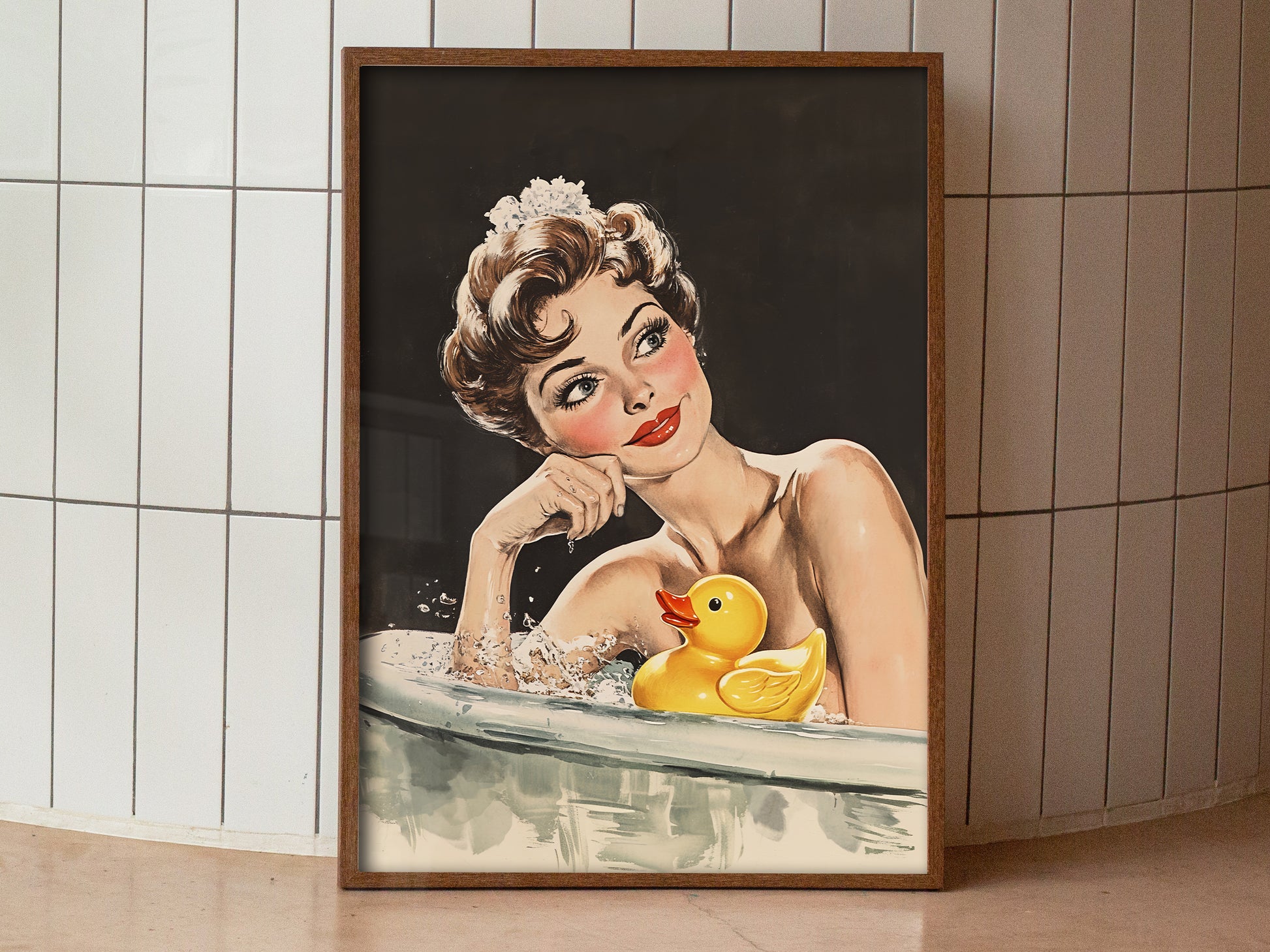 Retro Bathroom Wall Art Funny Housewife in Bathtub Art Print Yellow Rubber Duck Print Fun Poster 50s 60s Shower Room Wall Print Black Toilet Art Guest Bathroom Vintage Art