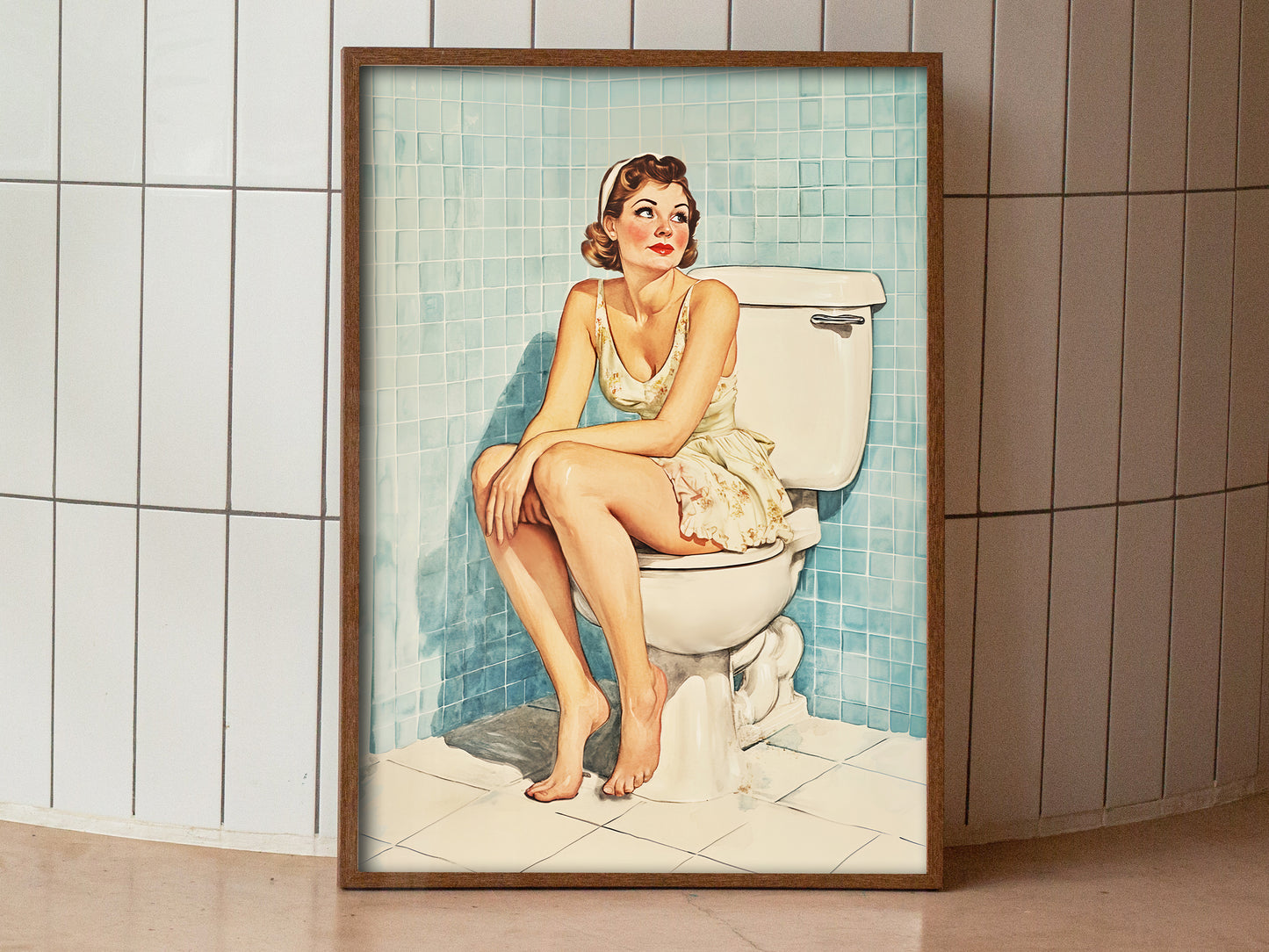 Funny Bathroom Wall Art Blue Toilet Poster Funny Retro Housewife Art Above Toilet Wall Decor Fun Sitting on a Toilet Poster Retro Home Wall Decor 