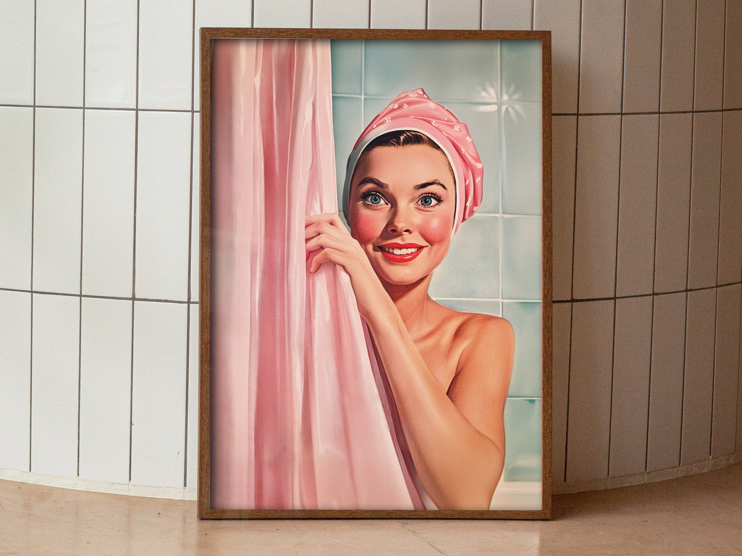 Retro Bathroom Wall Art Shower Room Wall Print Retro Housewife Art  Pink and blue Toilet Art Print Fun Bathroom Decor Happy Housewife Hiding Behind a shower curtain Bath Time Poster 