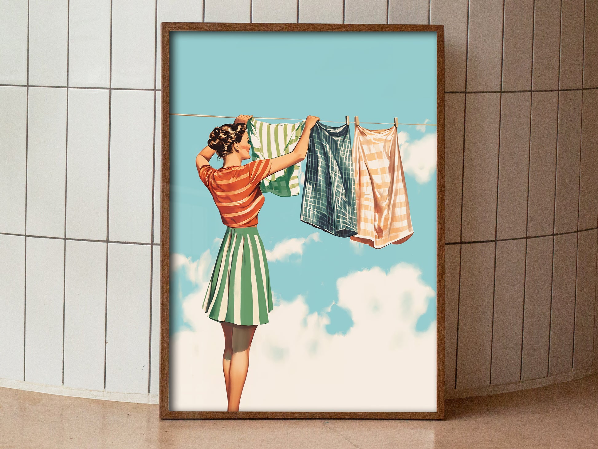 Retro Laundry Poster Blue Watercolour Large Poster for Laundry Wall Art Retro Housewife Art Print Laundry Day Poster Utility Room Decor Dressing Room Art Loads of Fun Closet Art Print Hanging Clothes
