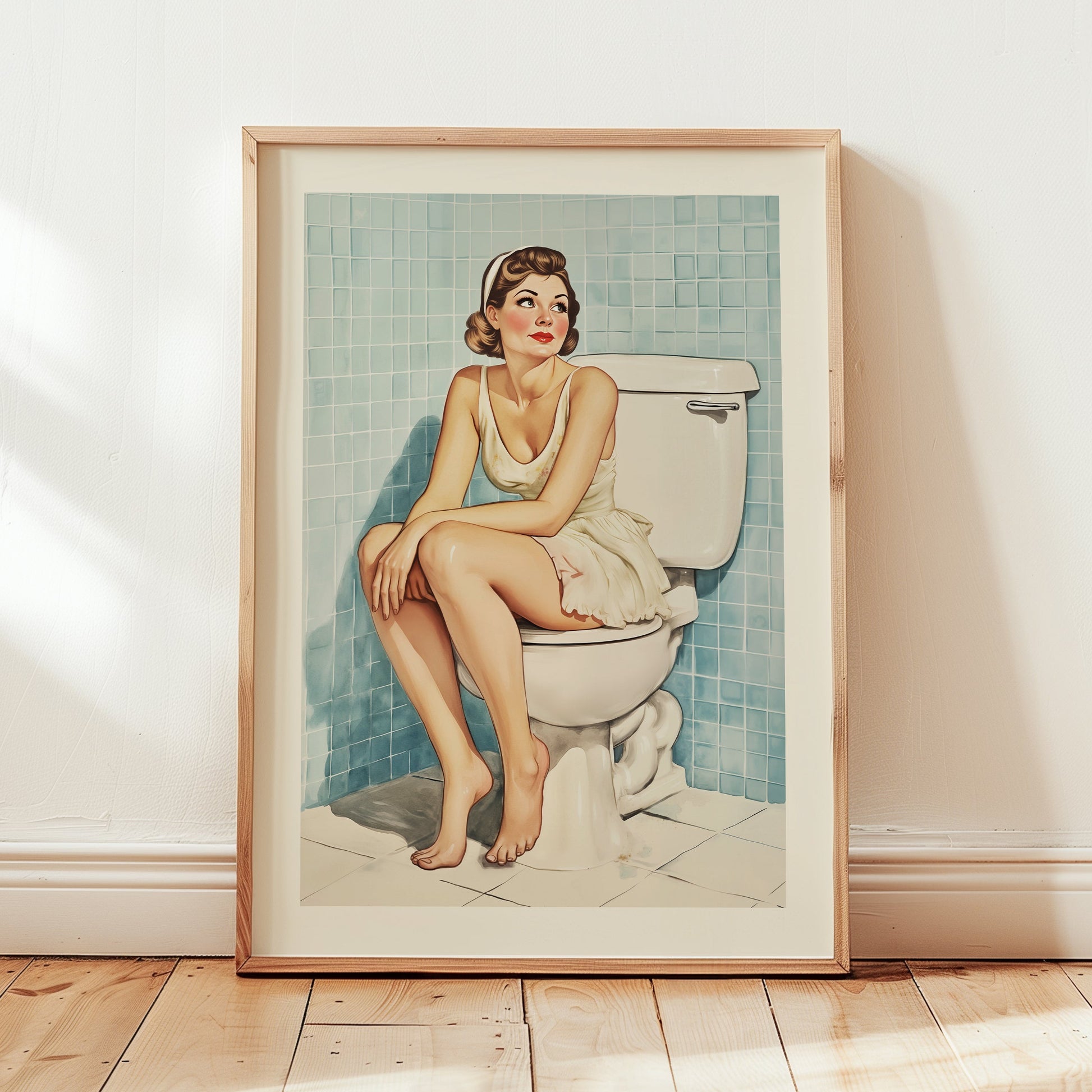 Vintage-style illustration of a glamorous pin-up woman in a white slip sitting on a toilet in a blue-tiled 1950s bathroom.