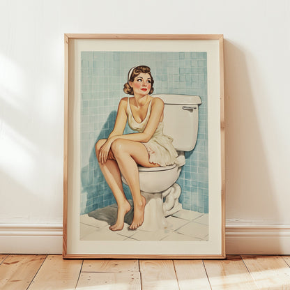 Vintage-style illustration of a glamorous pin-up woman in a white slip sitting on a toilet in a blue-tiled 1950s bathroom.