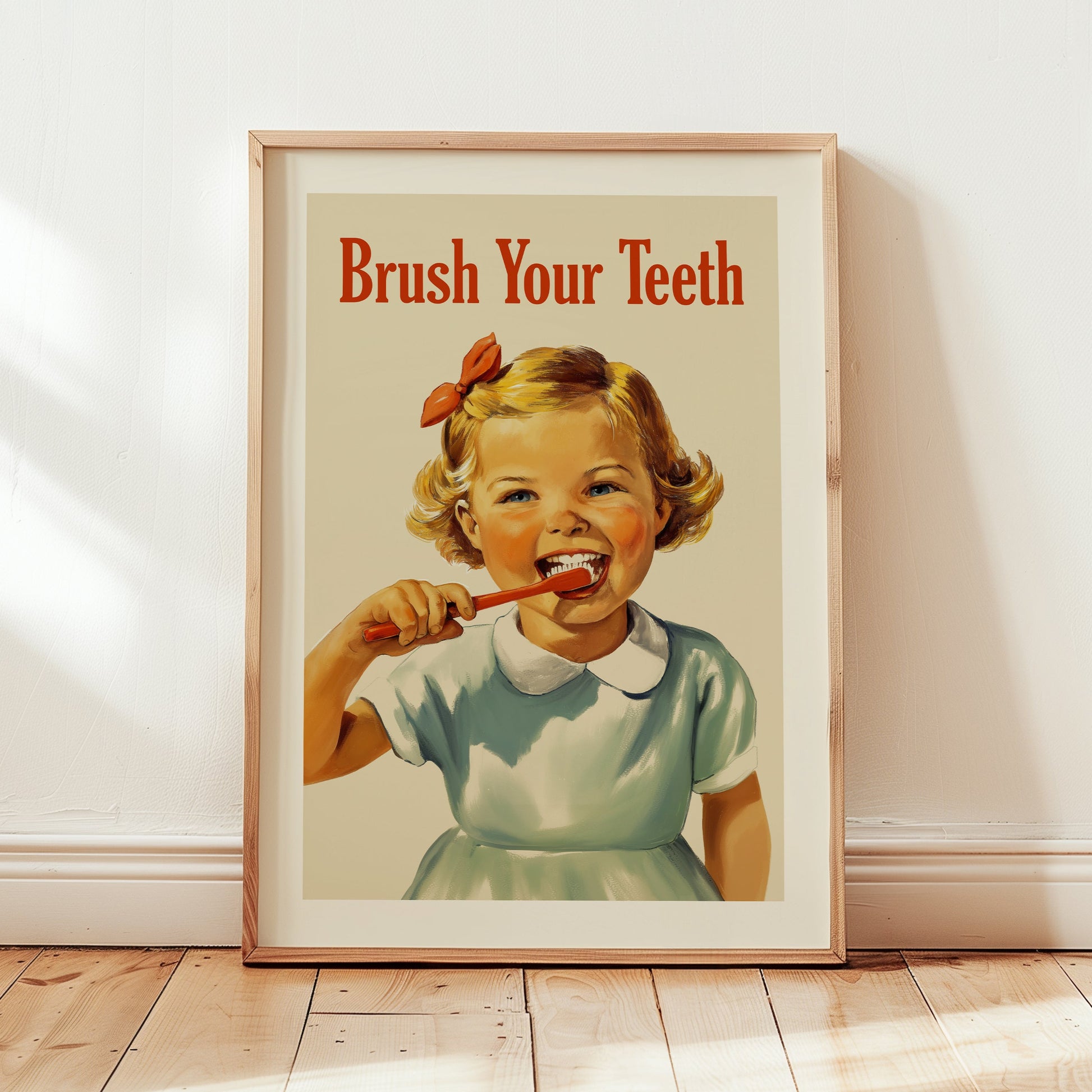 Midcentury style poster of a smiling little girl brushing her teeth, retro kids bathroom wall art for dental hygiene and classroom decor.