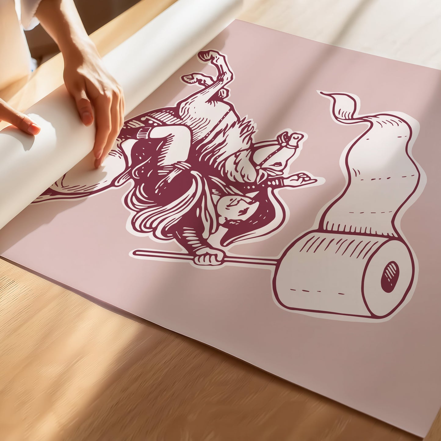 Minimalist pink line art poster of a knight riding a horse while holding toilet paper, funny bathroom wall art for guest bathroom and powder room decor.