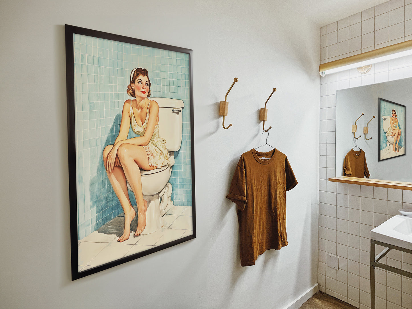 Funny Bathroom Wall Art Blue Toilet Poster Funny Retro Housewife Art Above Toilet Wall Decor Fun Sitting on a Toilet Poster Retro Home Wall Decor 