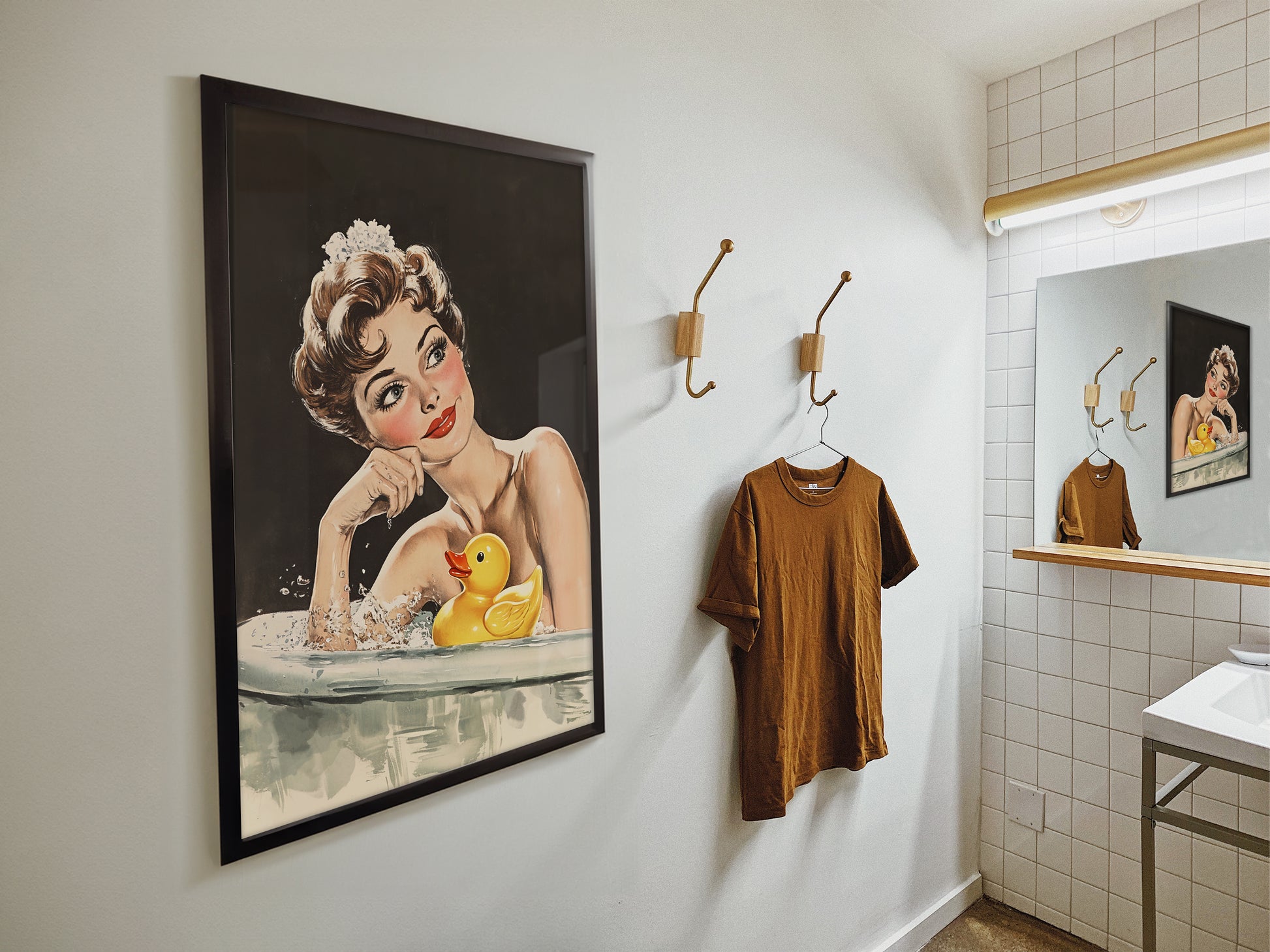 Retro Bathroom Wall Art Funny Housewife in Bathtub Art Print Yellow Rubber Duck Print Fun Poster 50s 60s Shower Room Wall Print Black Toilet Art Guest Bathroom Vintage Art