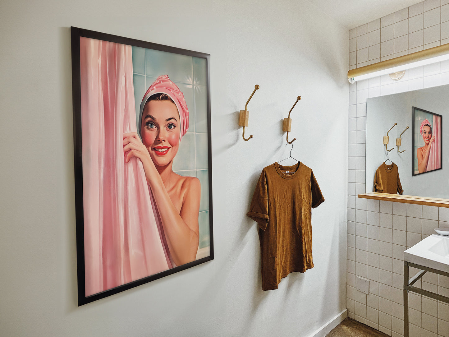 Retro Bathroom Wall Art Shower Room Wall Print Retro Housewife Art  Pink and blue Toilet Art Print Fun Bathroom Decor Happy Housewife Hiding Behind a shower curtain Bath Time Poster 