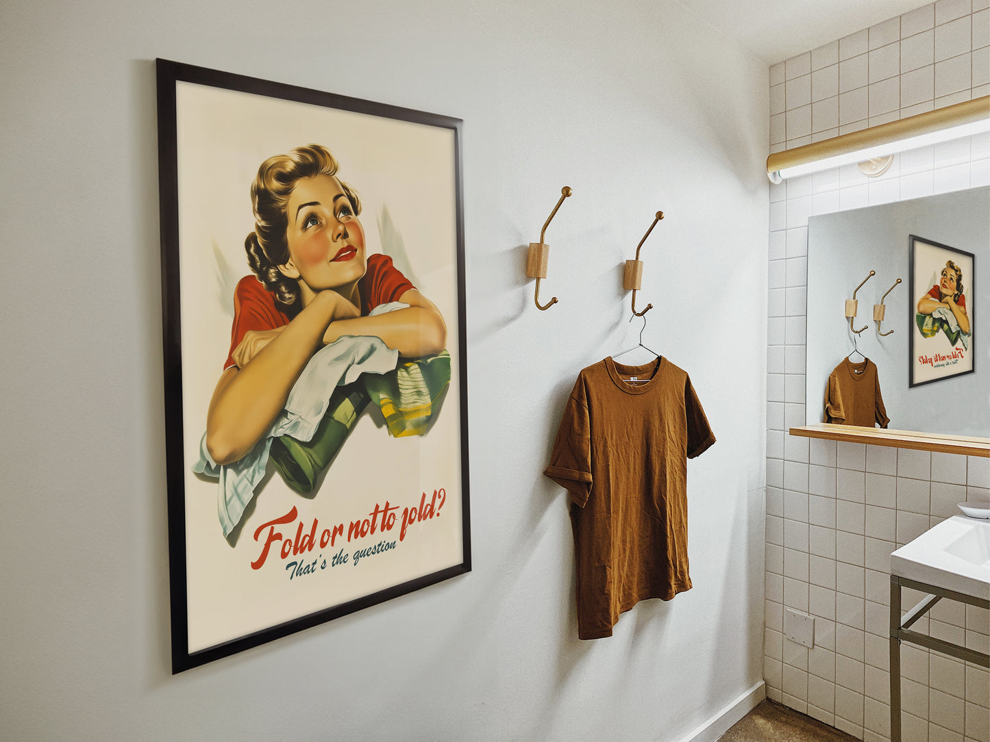 Retro Laundry Wall Art Fold or not to fold that's the question poster Funny Laundry Day Art Print Vintage Utility Room Decor Closet Art Print Happy Housewife Art Midcentury Poster 