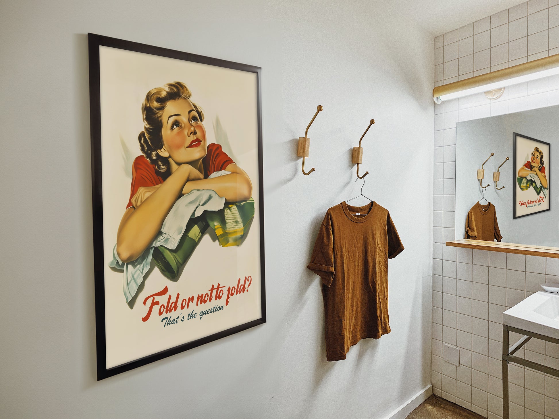 Retro Laundry Wall Art Fold or not to fold that's the question poster Funny Laundry Day Art Print Vintage Utility Room Decor Closet Art Print Happy Housewife Art Midcentury Poster 