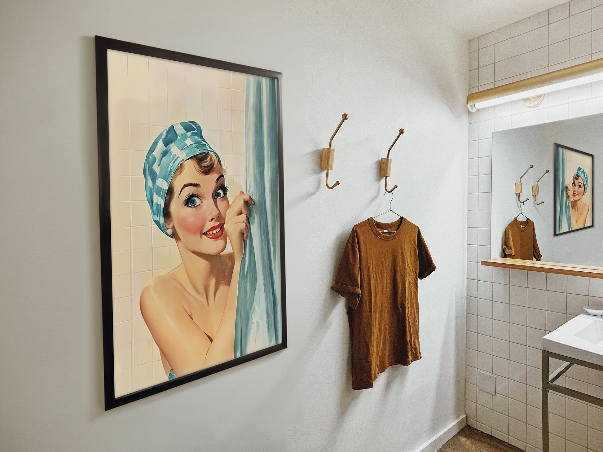 Funny Shower Room Wall Print Blue Toilet Poster Funny Bathroom Poster Bathroom Wall Art 50s 60s Bath Time Print Retro Housewife in a shower cap taking a shower and hiding behind a curtain