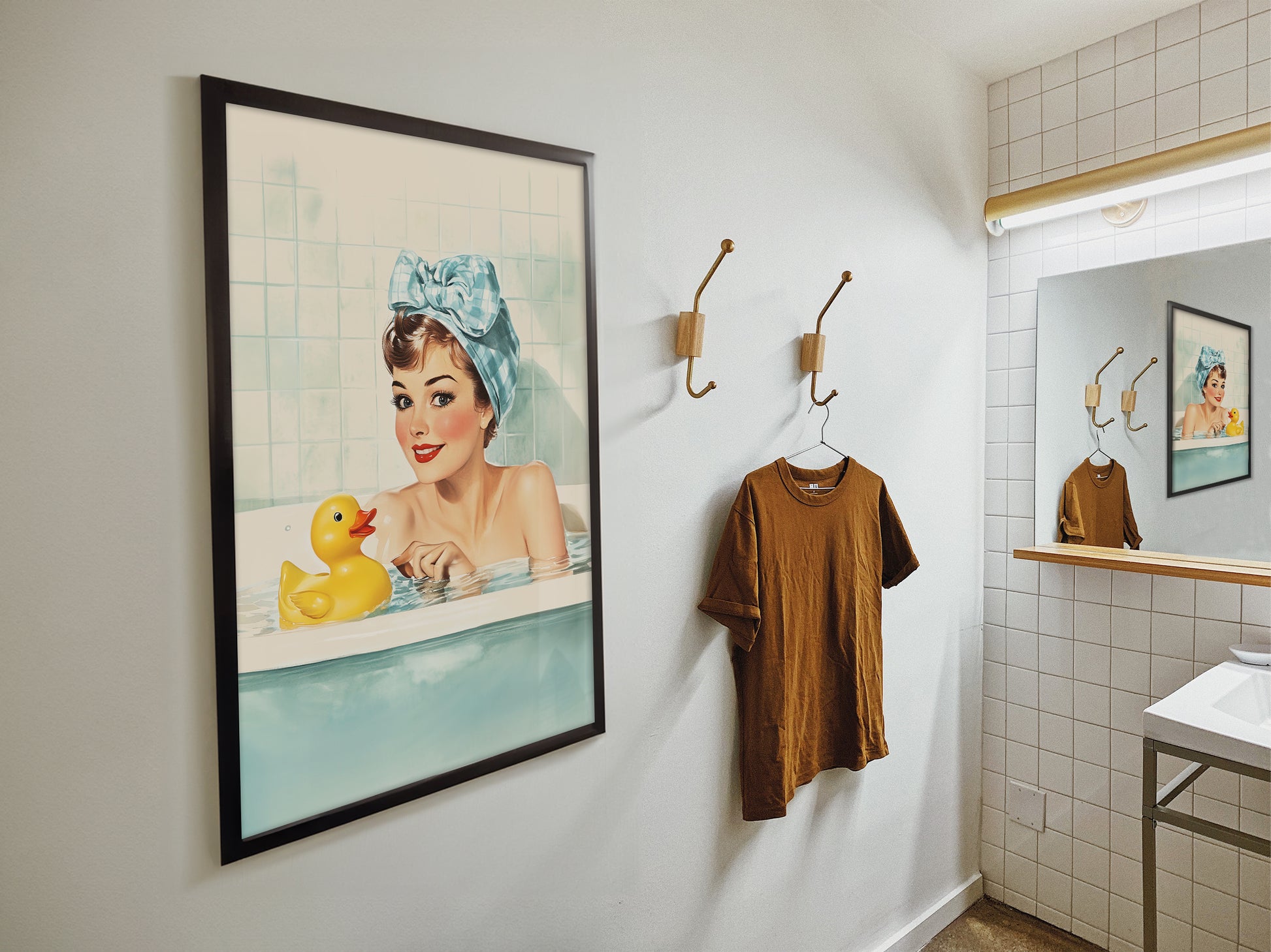 Retro Housewife in a tub with a yellow rubber duck Funny Bathroom Wall Art Bath Time Poster Yellow Rubber Duck Art Fun Housewife Art 50s 60s Shower Room Poster Wall Decor Blue Toilet Art from AnnoyingSeagull