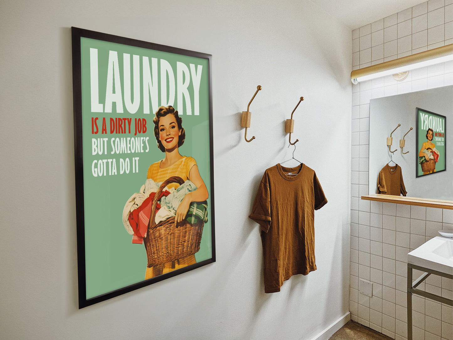 "Laundry is a Dirty Job, but Someone's Gotta Do It" poster Funny Laundry Large Poster Laundry Wall Art Retro Housewife holding a laundry basket Print Utility Room Decor Funny Closet Art Laundry Day Quote Poster