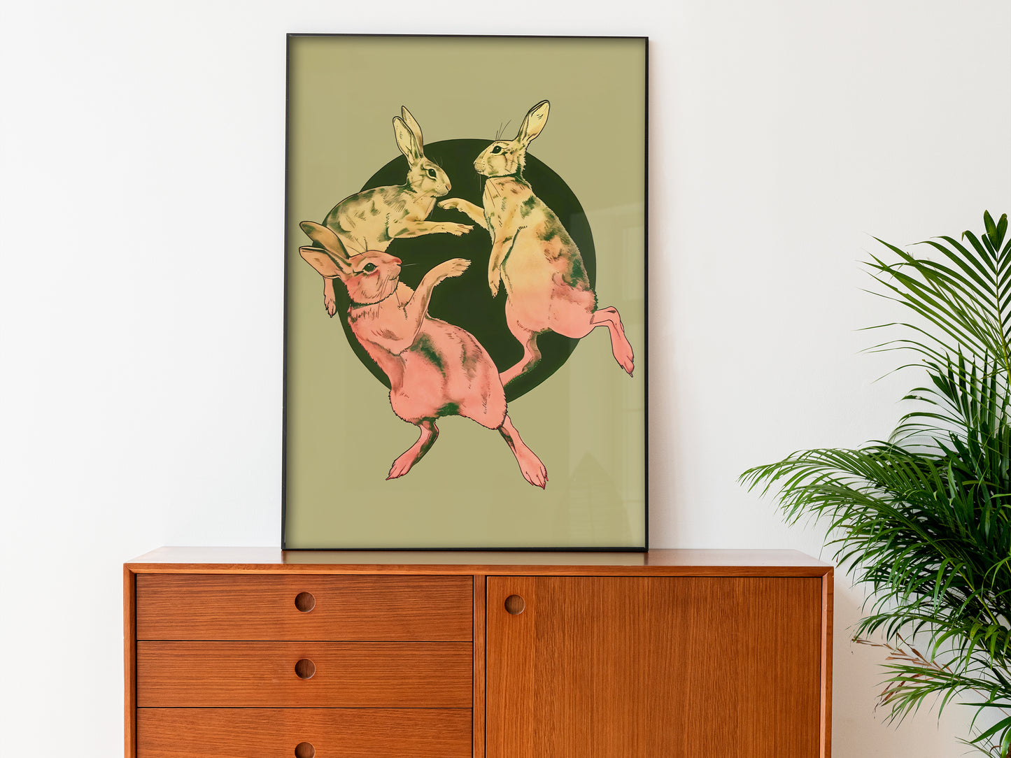 Retro Rabbits Poster Dancing Art Print Vintage Bunny Art Print Green Animal Art Funny Animal Poster Vintage Nursery Wall Art