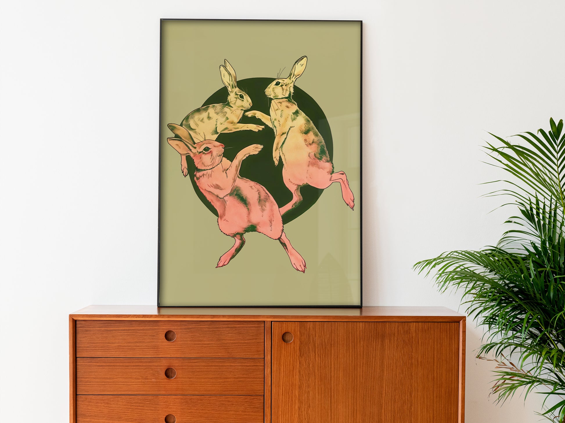 Retro Rabbits Poster Dancing Art Print Vintage Bunny Art Print Green Animal Art Funny Animal Poster Vintage Nursery Wall Art