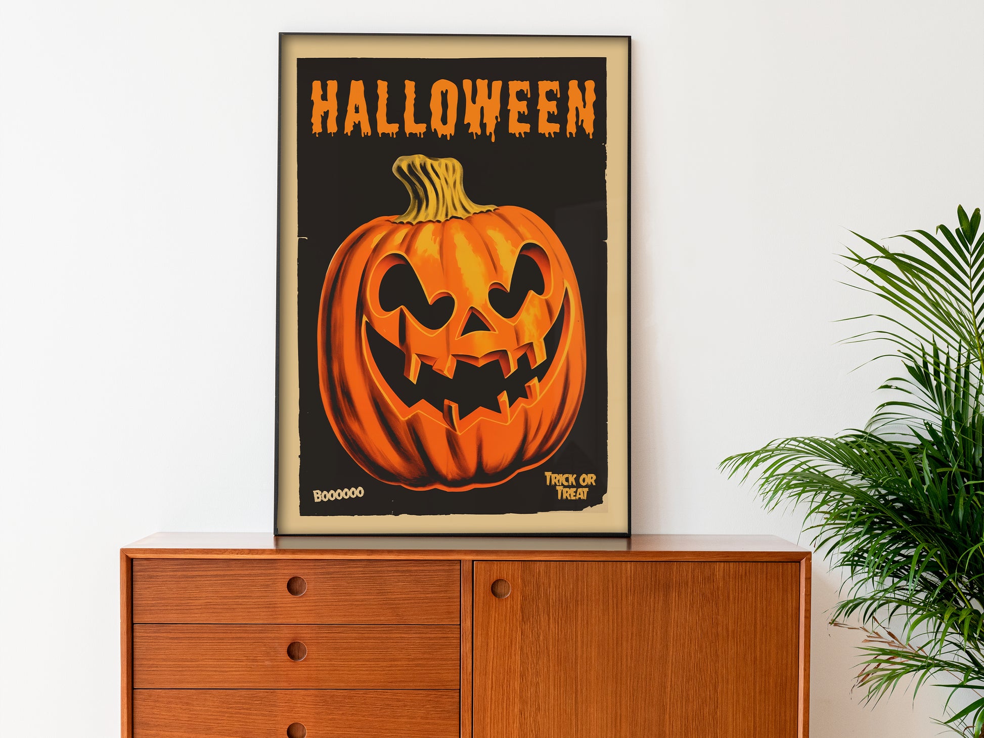 Retro Halloween Poster Pumpkin Wall Art Trick or Treat Poster Spooky Season Print Vintage Black Halloween Decor Holiday Season Art Boo Poster