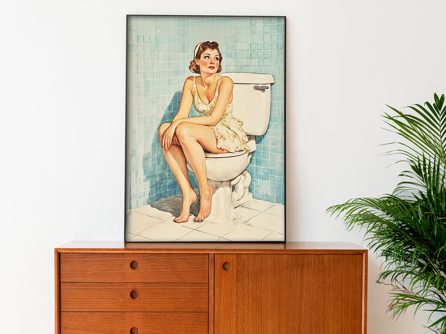 Funny Bathroom Wall Art Blue Toilet Poster Funny Retro Housewife Art Above Toilet Wall Decor Fun Sitting on a Toilet Poster Retro Home Wall Decor 