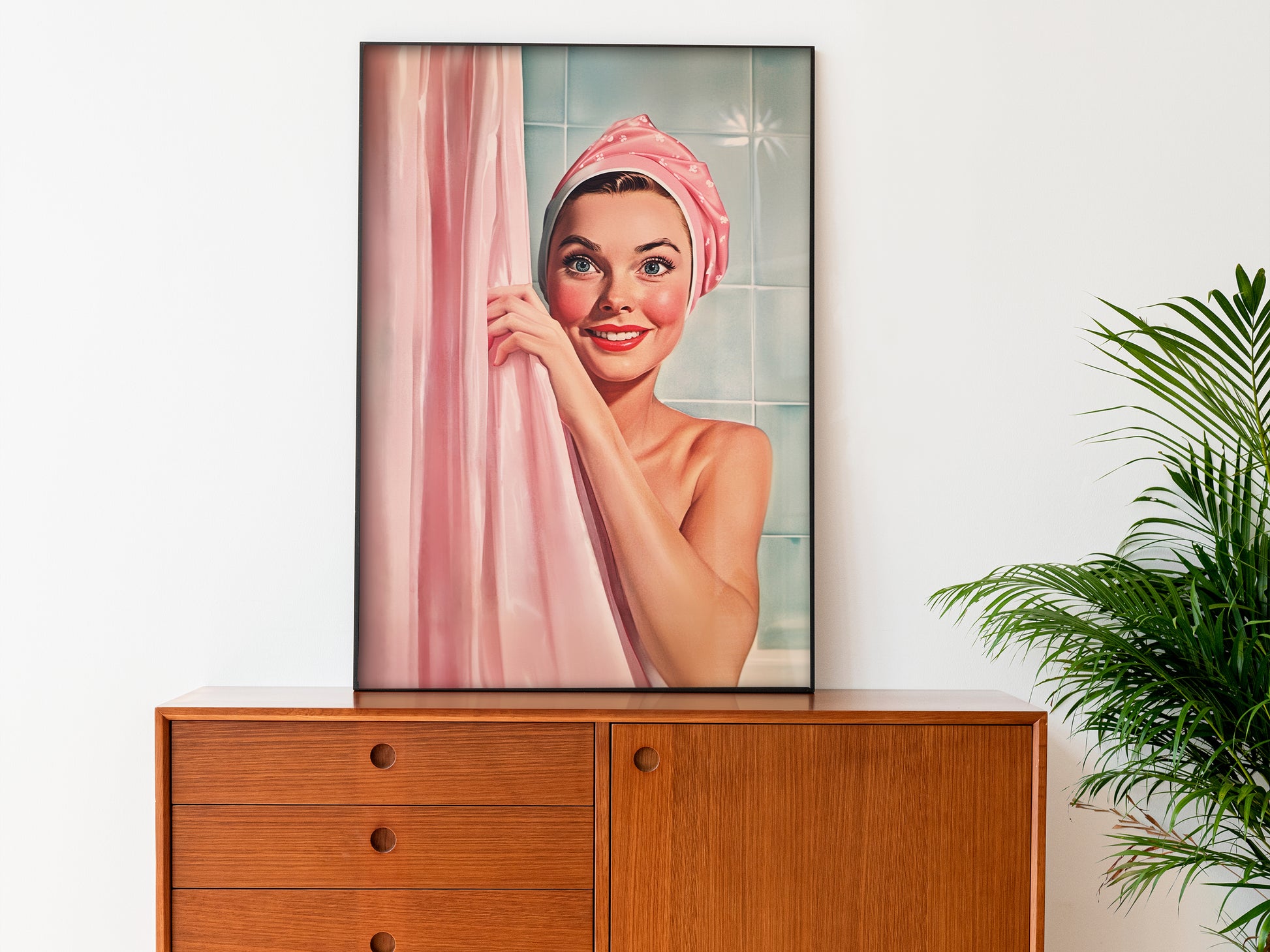 Retro Bathroom Wall Art Shower Room Wall Print Retro Housewife Art  Pink and blue Toilet Art Print Fun Bathroom Decor Happy Housewife Hiding Behind a shower curtain Bath Time Poster 