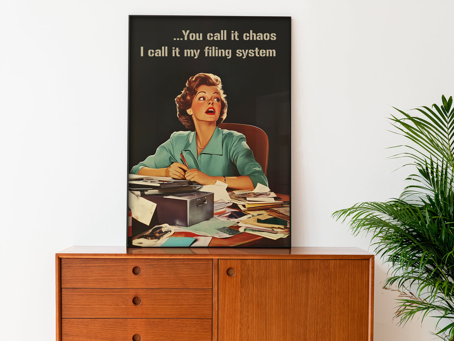 Retro Woman Poster Funny Office Wall Art Trendy Housewife Wall Art Sarcastic Quote Vertical Poster Funny Work Poster Work From Home Art "You call if chaos I call it my filing system"
