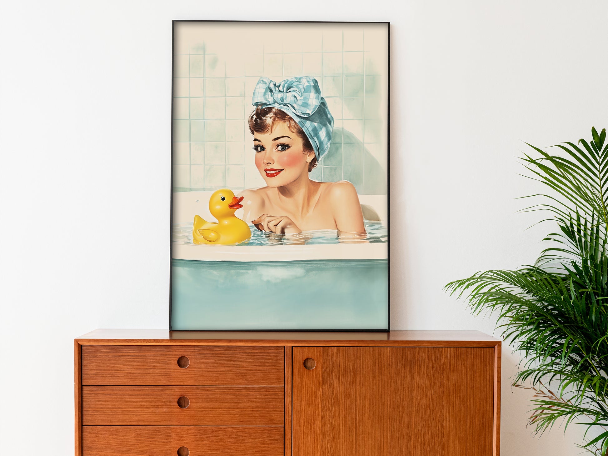 Retro Housewife in a tub with a yellow rubber duck Funny Bathroom Wall Art Bath Time Poster Yellow Rubber Duck Art Fun Housewife Art 50s 60s Shower Room Poster Wall Decor Blue Toilet Art from AnnoyingSeagull