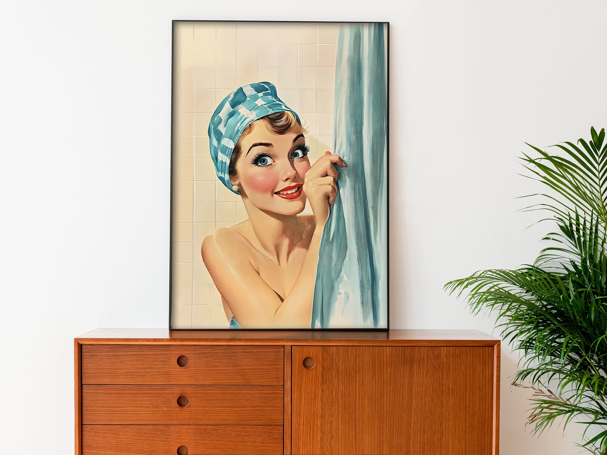 Funny Shower Room Wall Print Blue Toilet Poster Funny Bathroom Poster Bathroom Wall Art 50s 60s Bath Time Print Retro Housewife in a shower cap taking a shower and hiding behind a curtain