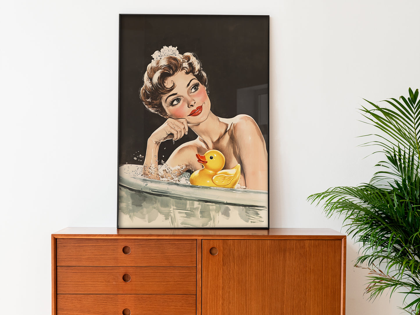 Retro Bathroom Wall Art Funny Housewife in Bathtub Art Print Yellow Rubber Duck Print Fun Poster 50s 60s Shower Room Wall Print Black Toilet Art Guest Bathroom Vintage Art