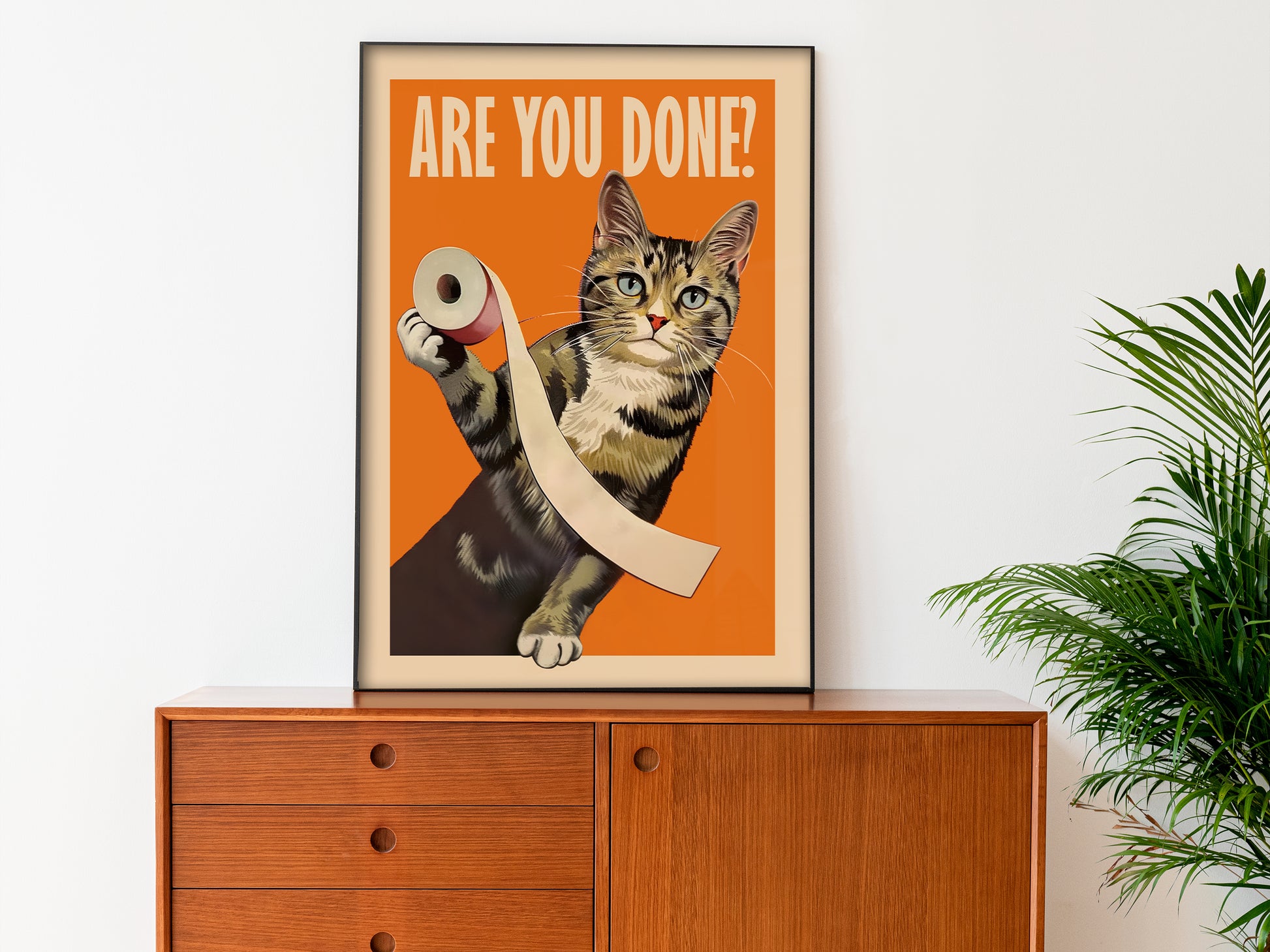 Are You Done Poster Bathroom Wall Art Funny Print Tabby Cat Toilet Art Pooping Print Kid's Bathroom Decor Restroom Wall Art Take a seat sweet cheeks cat playing with toilet paper