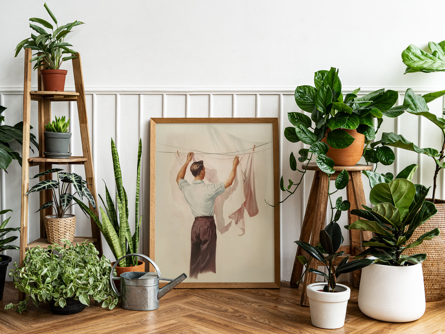 Retro Laundry Room Wall Art Art Poster Man Hanging Laundry Painting Vintage Style Poster Gift for Her Utility Room Decor Aesthetic Art Print available in multiple sizes from AnnoyingSeagull